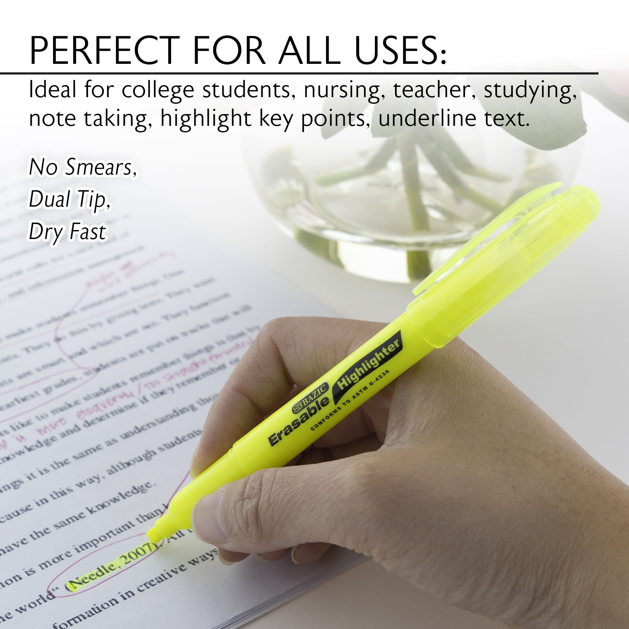 BAZIC Erasable Highlighter Chisel Unscented Erase Marker (3/Pack), 24-Packs