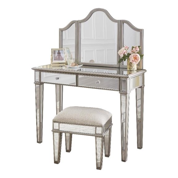 Maklaine Transitional 2 pieces Mirrored Vanity Set with Storage