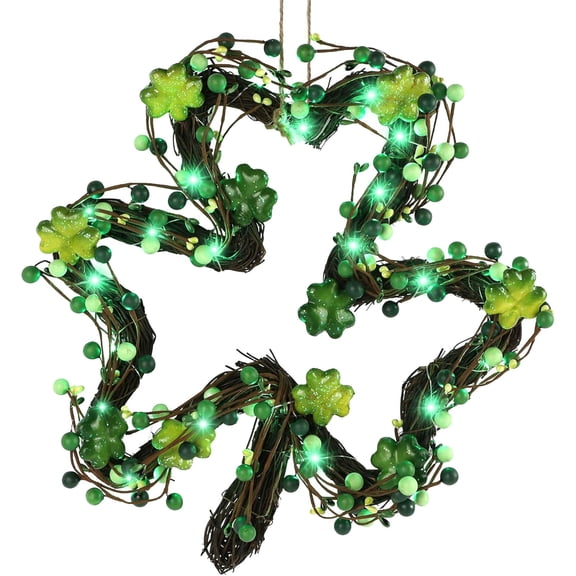 St. Patricks Day Wreath Decorations, 14 Inch Shamrock Wreaths for Front Door with Green Clover LED Lights, St. Patrick's Day Decor for Spring Outdoor Home Wall Window