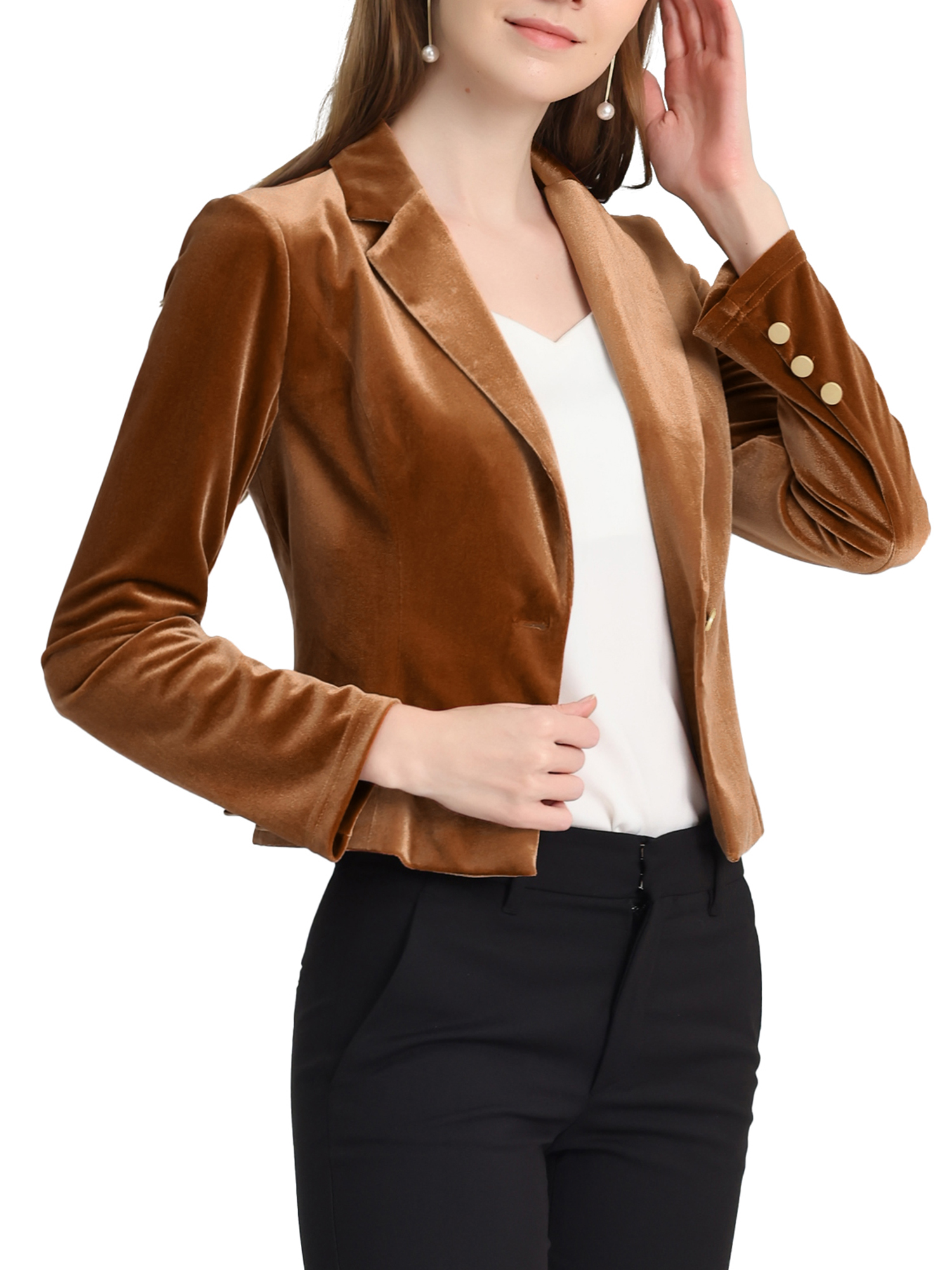 Unique Bargains Women's Button Front Velvet Blazer Lapel Office Crop Suit Jacket S Brown - image 4 of 6