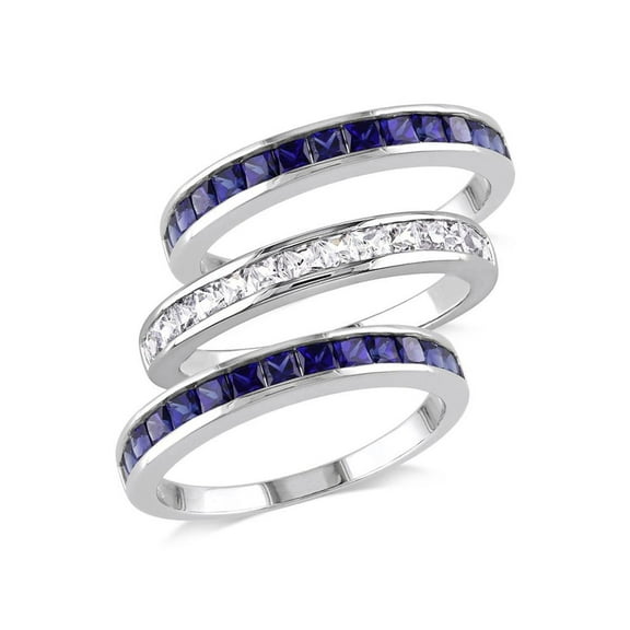 2.25 Carat (Ctw) Lab-Created Blue Sapphire and White Sapphire Three Band Ring Set Sterling Silver for Women