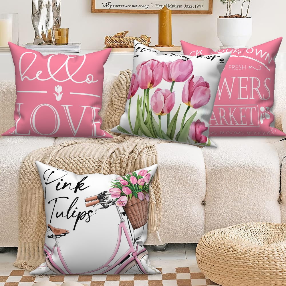 Dashan Spring Floral Throw Pillow Covers 20x20 Set of 4,Pink Tulips Flowers Decorative Pillow Cases for Bedroom Sofa Couch