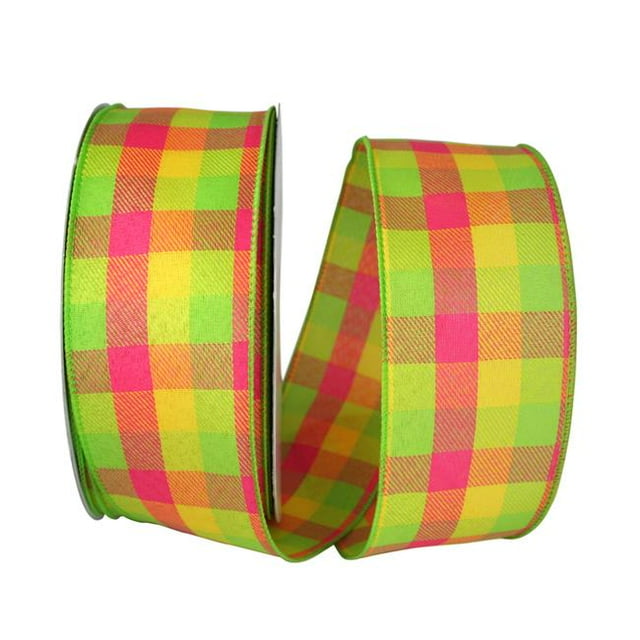 Reliant Ribbon 93228W-188-40K Celine Plaid Twill Wired Edge Ribbon - Citrus & Fuchsia - 2.5 in. x 50 yards