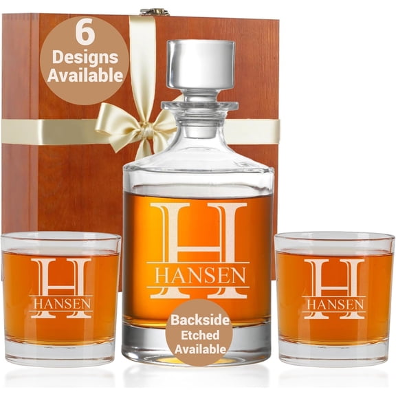 Personalized Whiskey Decanter Set with 25oz Square Decanter, 6 Design Options, Custom Liquor Glass Set, Wood Gift Box Options, Gifts for Men, Husband, Dad, Birthday, Retirement, Wedding