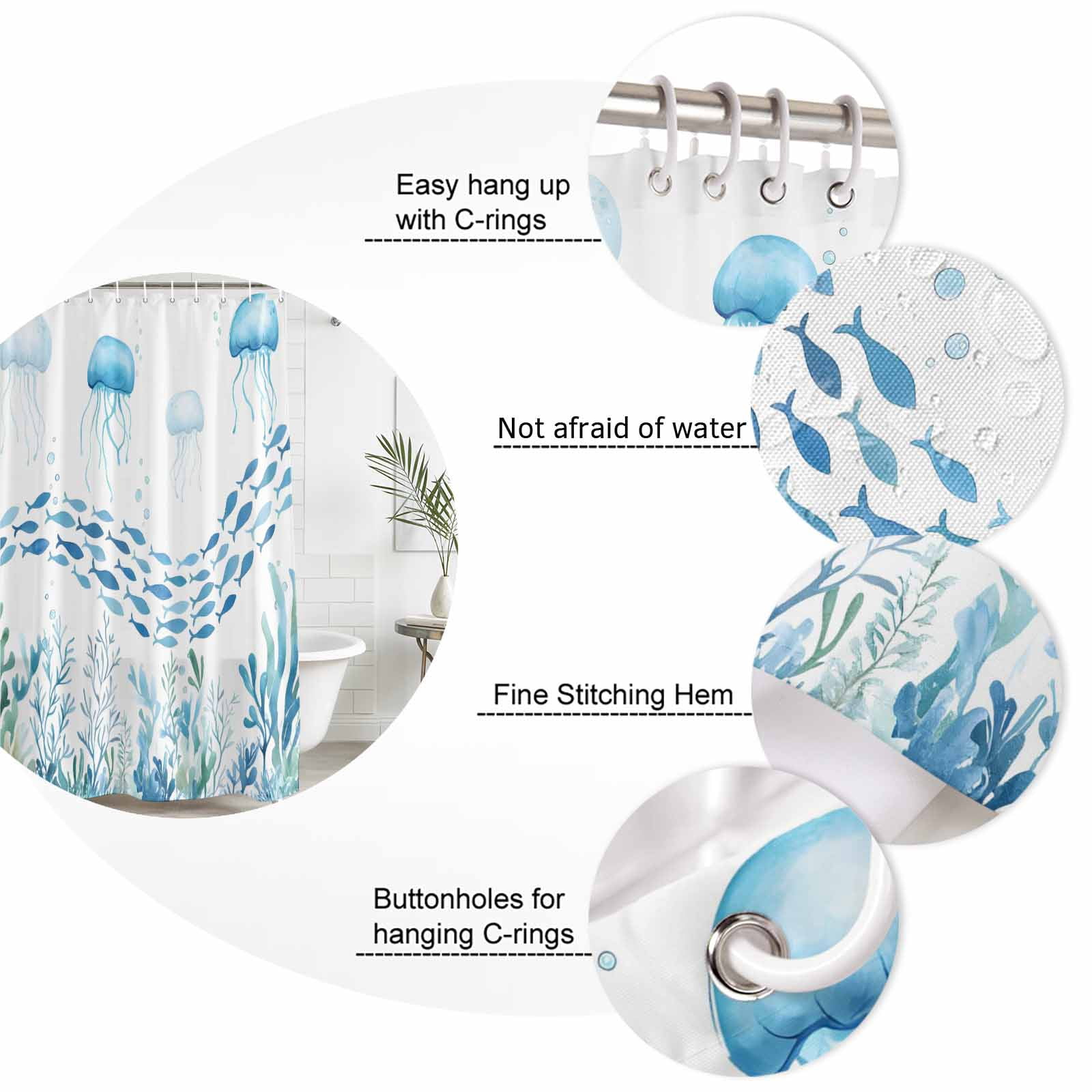 Shower Curtain Bathroom Set Underwater Life Octopus Fish Seaweed Waterproof Fabric Shower Curtains with Grommets&Hooks, Marine Theme Coral Privacy Bath Curtain for Bathtub 72x72in