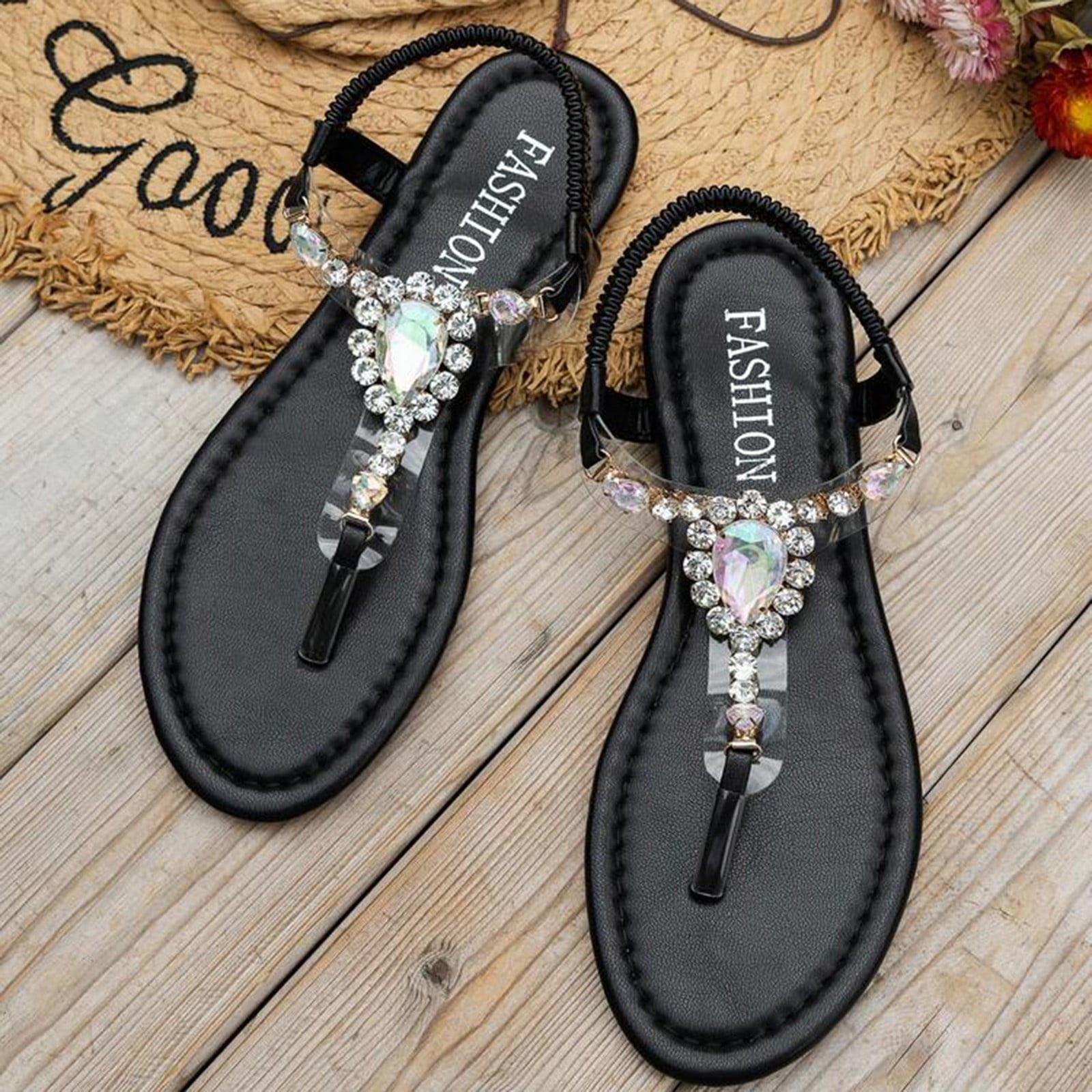 Adult Women Sandal Mystique Sandals for Women Ladies Shoes Fashion Flat Thong Sandals with Drill Elastic Strap Thong Beach Sandals Female Sandal Black 7 Walmart