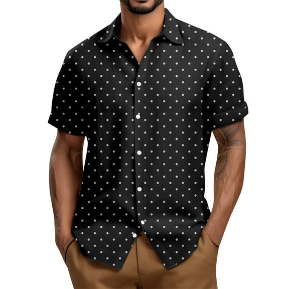 Lumtrix Mens Shirt Guayabera Cuban Short Sleeve Button Down Cotton Summer Beach Hippie Polka Dot Shirts Black M