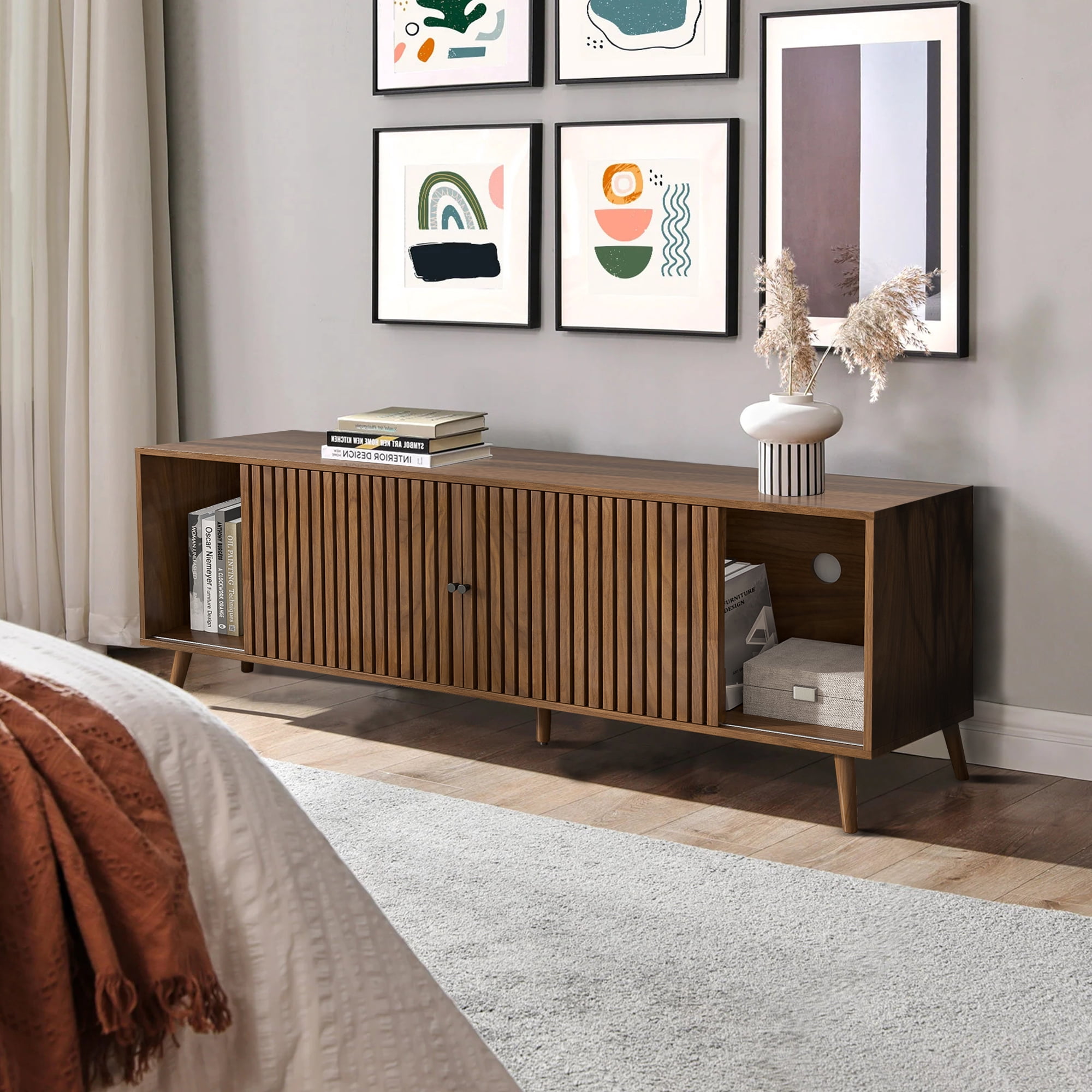Lisicue Mid-Century Modern TV Stand for TVs up to 70 Inches with Sliding Doors and Storage, Television Stands, TV Consoles, Media Consoles for Living Room Bedroom, Walnut
