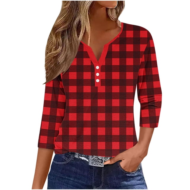 Blusas para las Mujeres Casual Impreso 3/4 Mangas Cuello en V Botón de Ocio Top Blusa Tops para las Mujeres