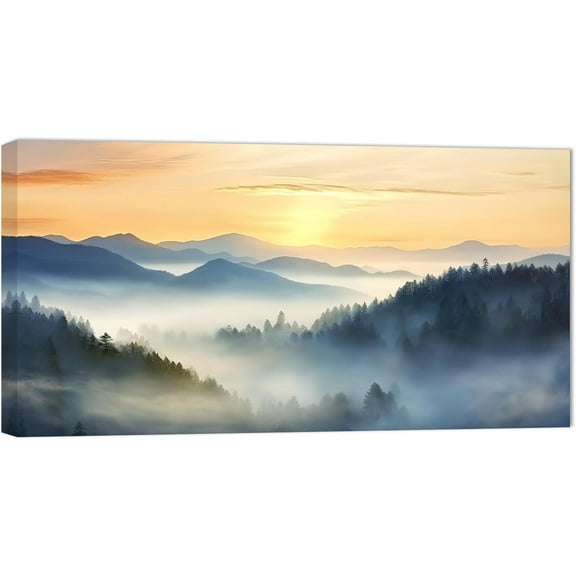 ZHONGYUTONG Large Misty Mountain Canvas Wall Art Sunrise Forest Tree Foggy Painting Prints Natural Scenery Pictures Home Decor for Living Room Office Framed (20.00" x 40.00")