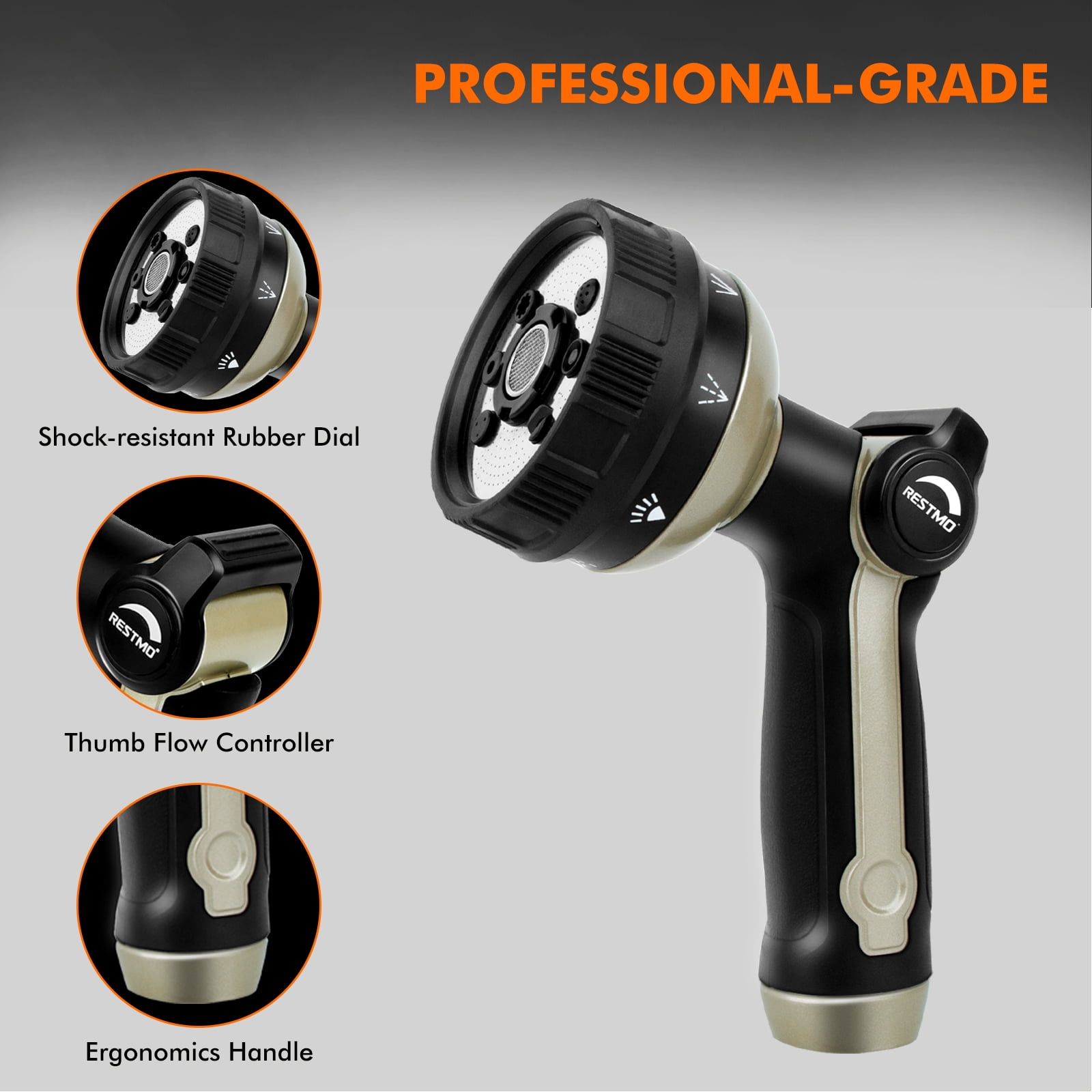 Restmo Full Shower Garden Hose Nozzle, 8 Spray Patterns with Thumb Control, Heavy Duty Nozzle Ideal for Outdoor Lawn &  Plant Watering, Car & Pet