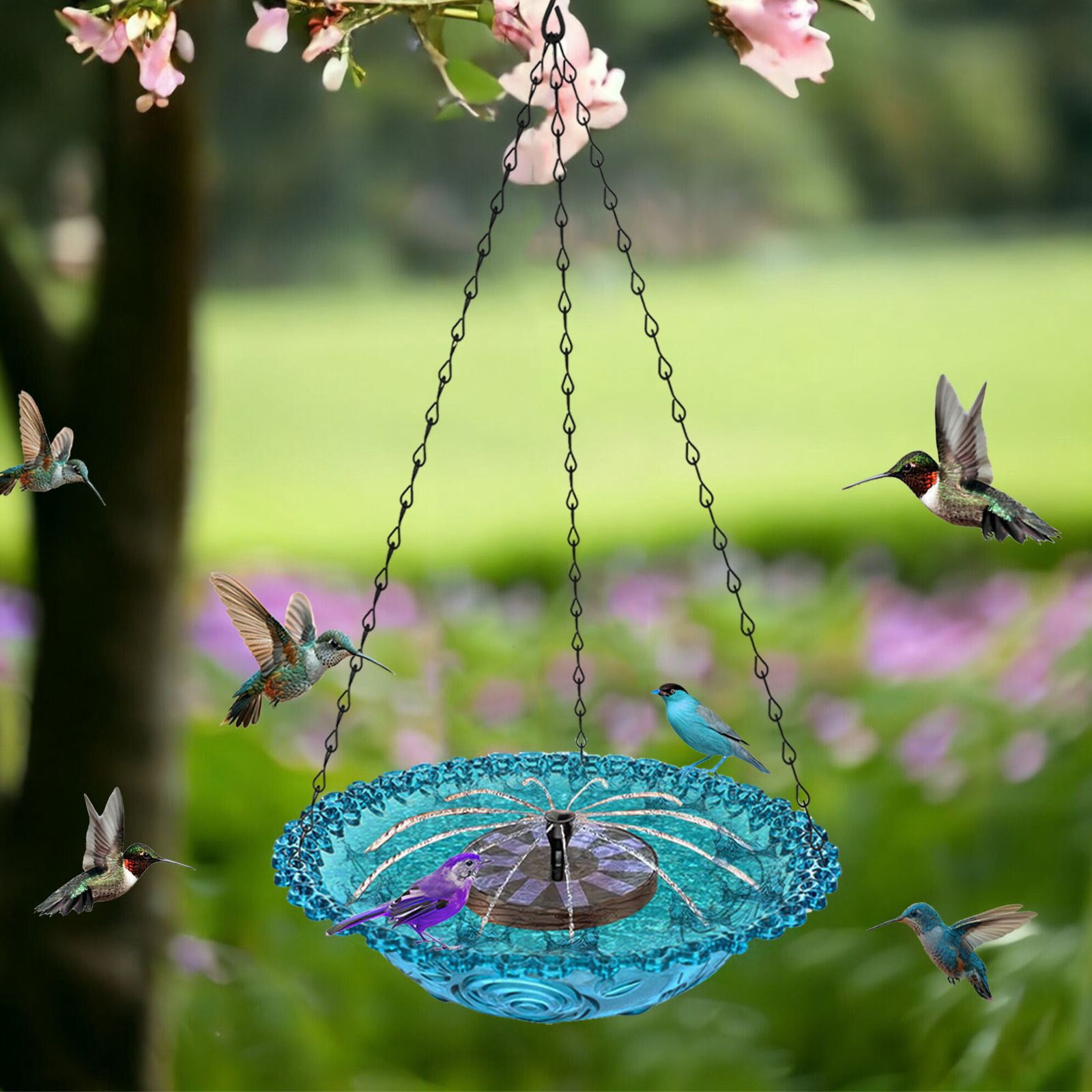 Solar Cascade Hanging Bird Bath Fountain, Metal Solar Powered Birdbath with Water Pump, Weatherproof Hanging Water Feature, Large Humming Birds Baths Fountains for Outdoor, Gardens