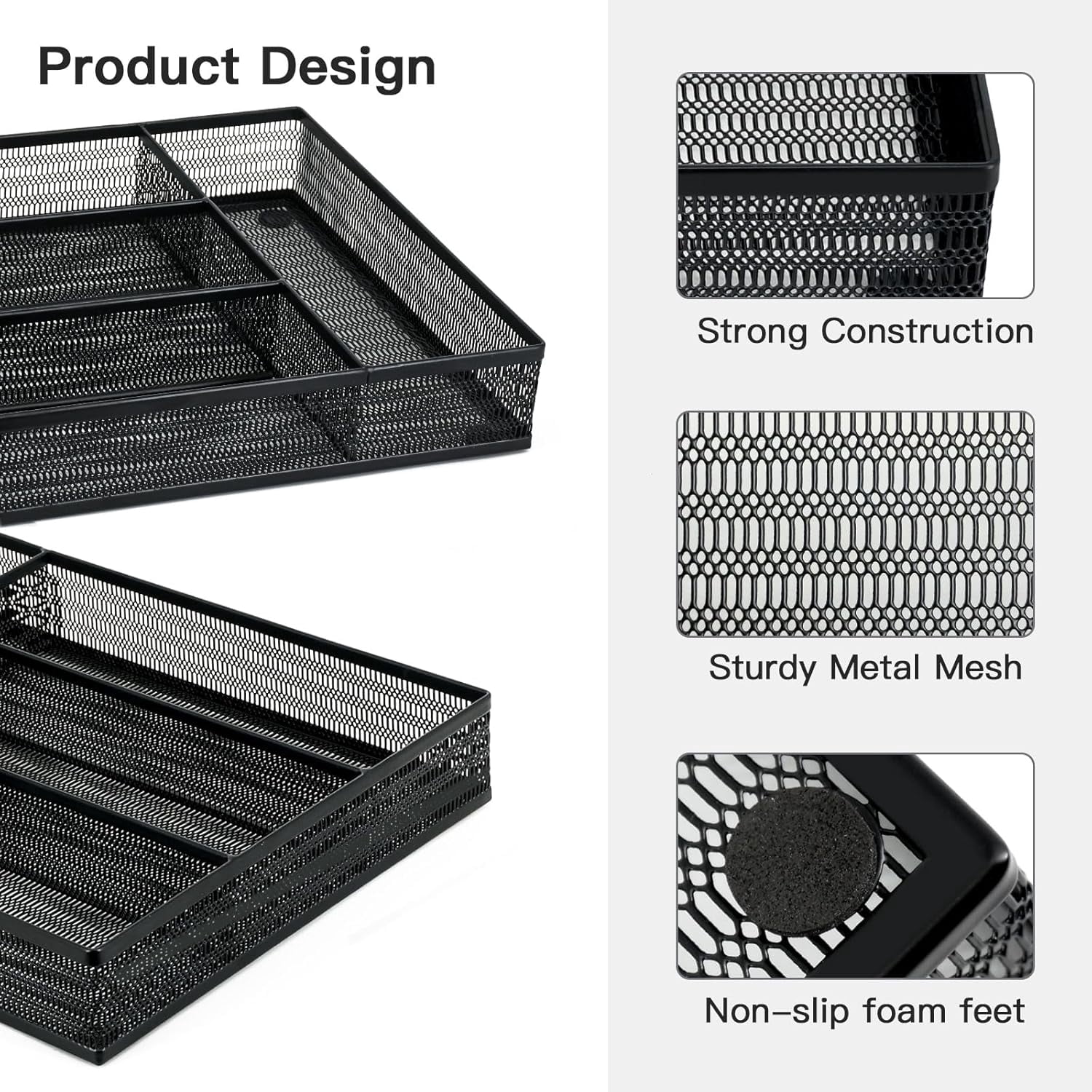 Silverware Drawer Organizer Holder, Cutlery Tray Silverware Flatware Storage Divider for Kitchen, Bedroom, Living Room,Mesh Wire with Non-slip foam Feet, 5 Compoment（ Silver）
