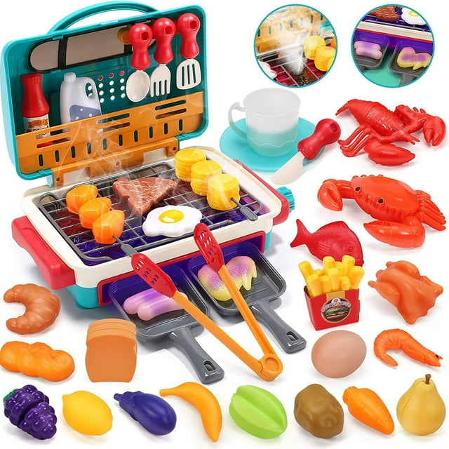 Lubelski 1 Set Kids Electric Simulation 2-Layer BBQ Grill Pretend Play Toy Children Kitchen Barbecue Toy Set with Light Mist