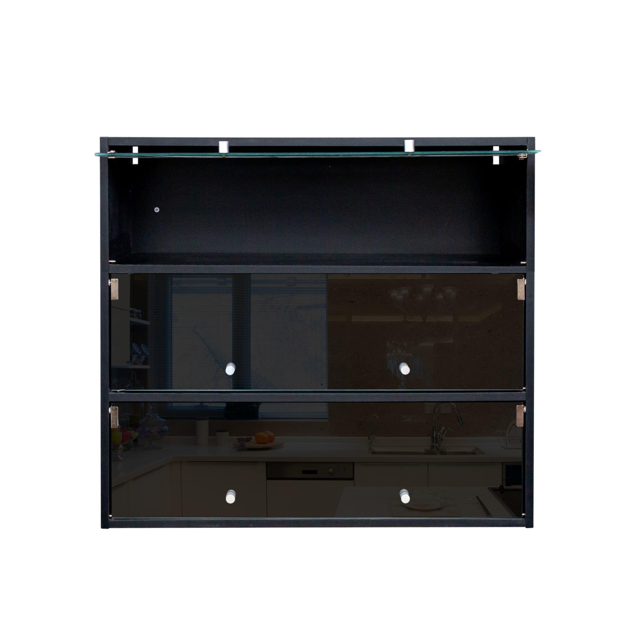 DEALTOPS Modern 3-Tier Shoe Cabinet with LED Lights, Wooden Shoe Storage Box with Glass Doors, Black