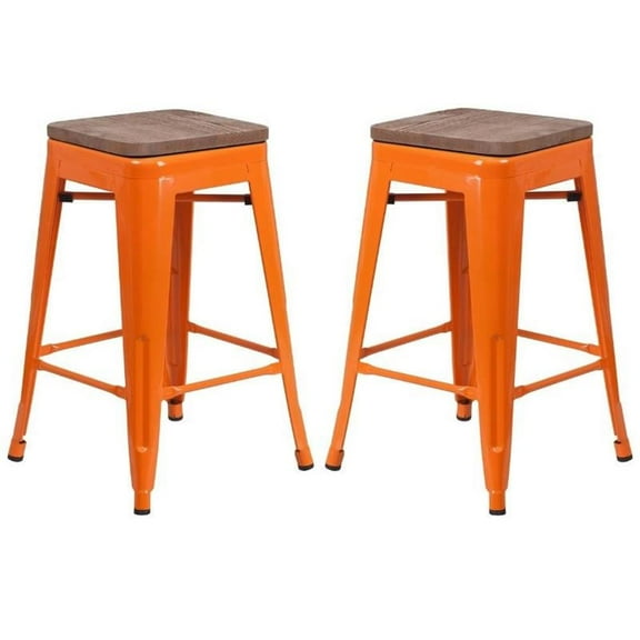 Home Square 24" Backless Metal Counter Stool in Orange - Set of 2