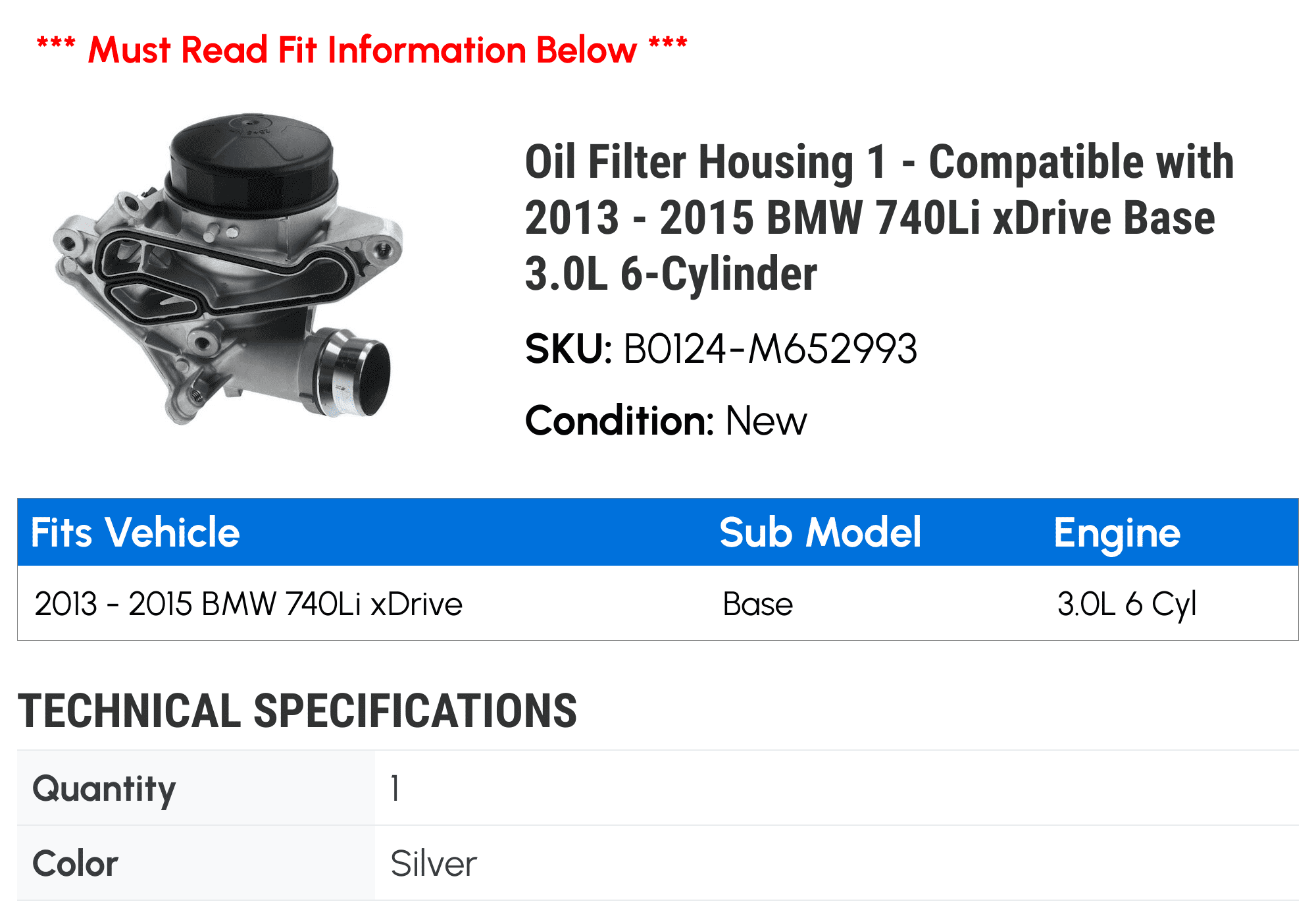 Oil Filter Housing 1 - Compatible with 2013 - 2015 BMW 740Li xDrive Base 3.0L 6-Cylinder - Autopart Premium