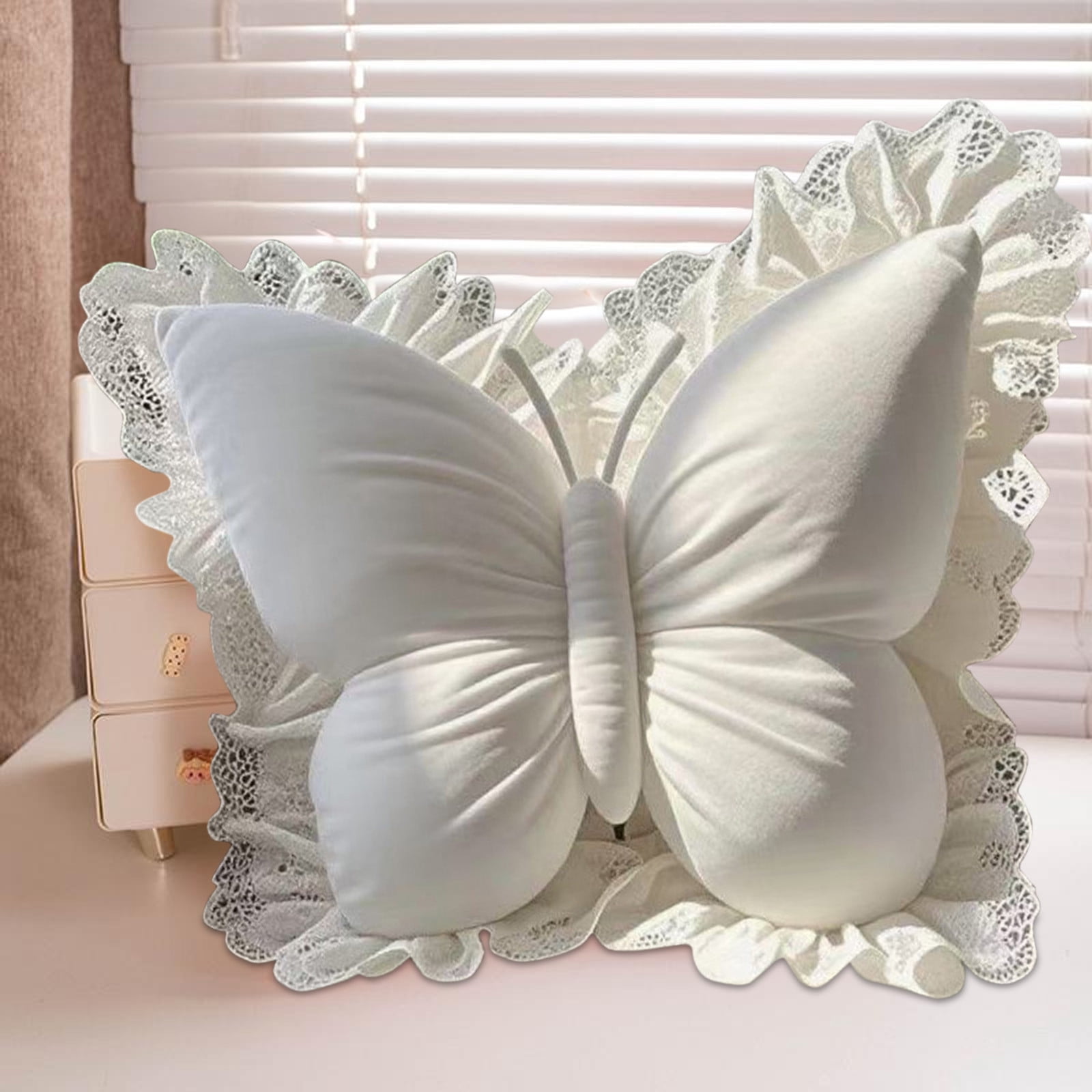 Comefolife Cute Butterfly Pillow with Lace Bow Throw Pillows Furry Bownote Plush Pillow Decor Bow Lumbar Suffed Pillow for Home Living Room Bedroom Bed Couch Cushion (White)