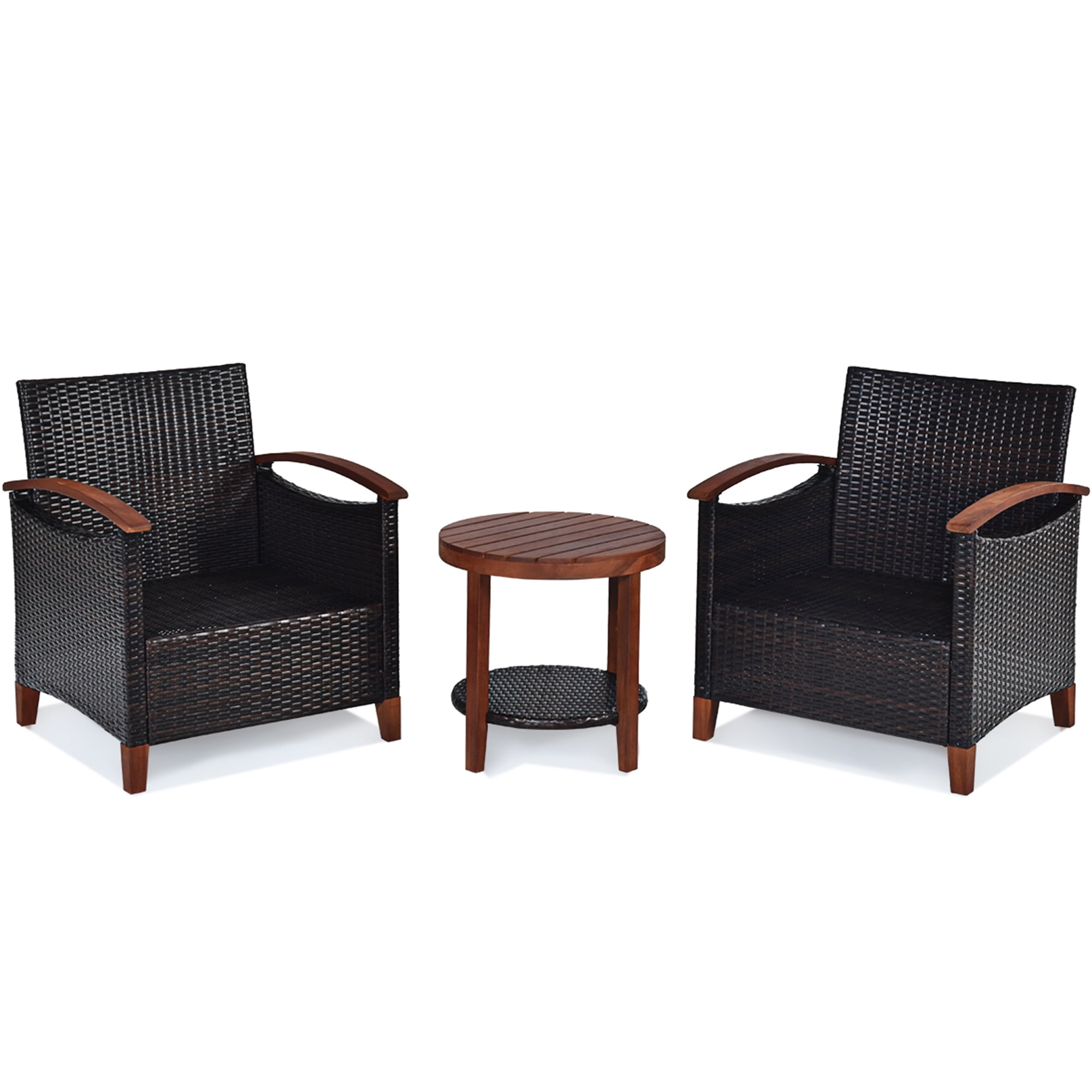 Gymax 3PCS Patio Wicker Rattan Conversation Set Outdoor Furniture Set w/ Beige Cushion