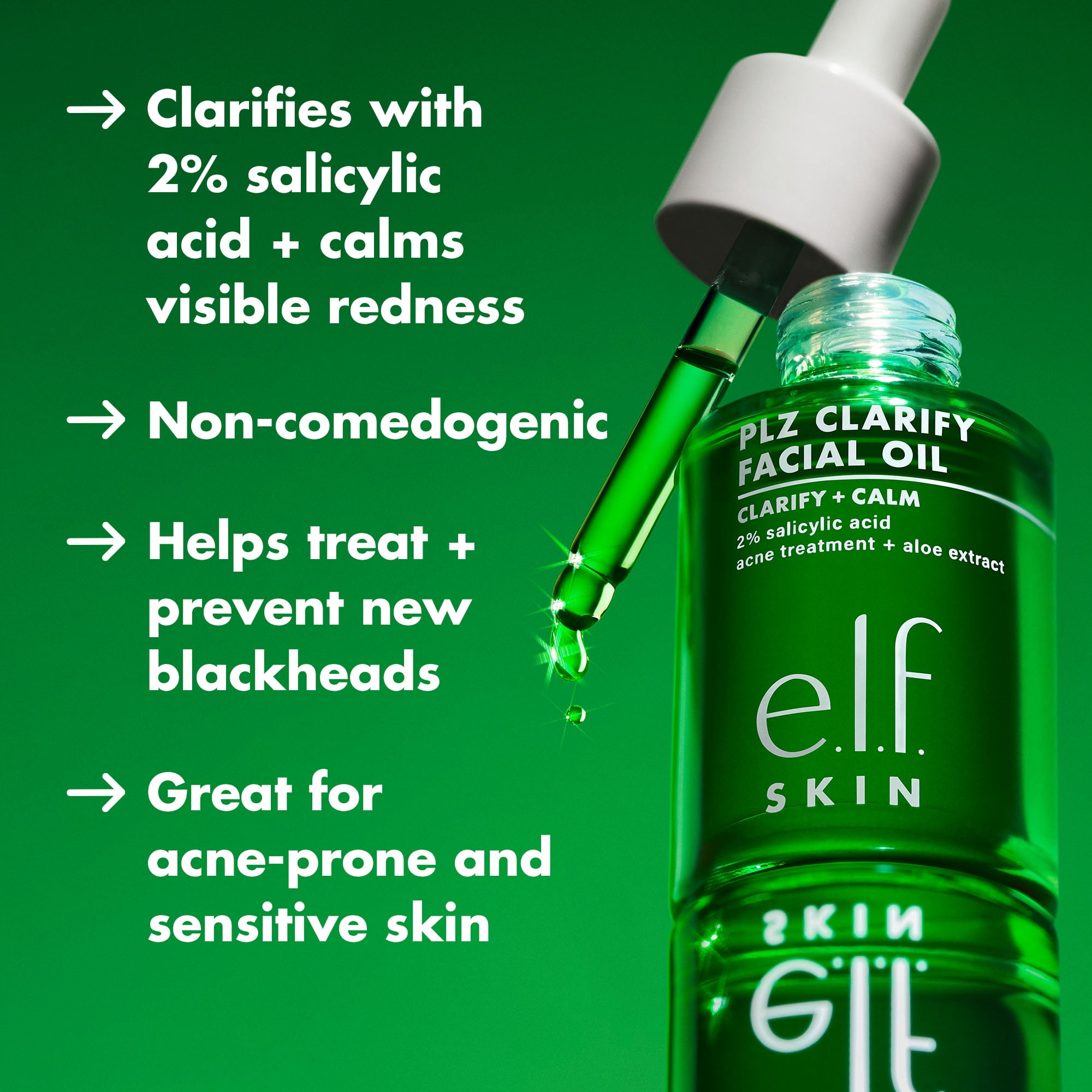 e.l.f. SKIN PLZ Clarify Facial Oil, 2% Salicylic Acid Acne Treatment + Aloe Extract, 1 fl oz