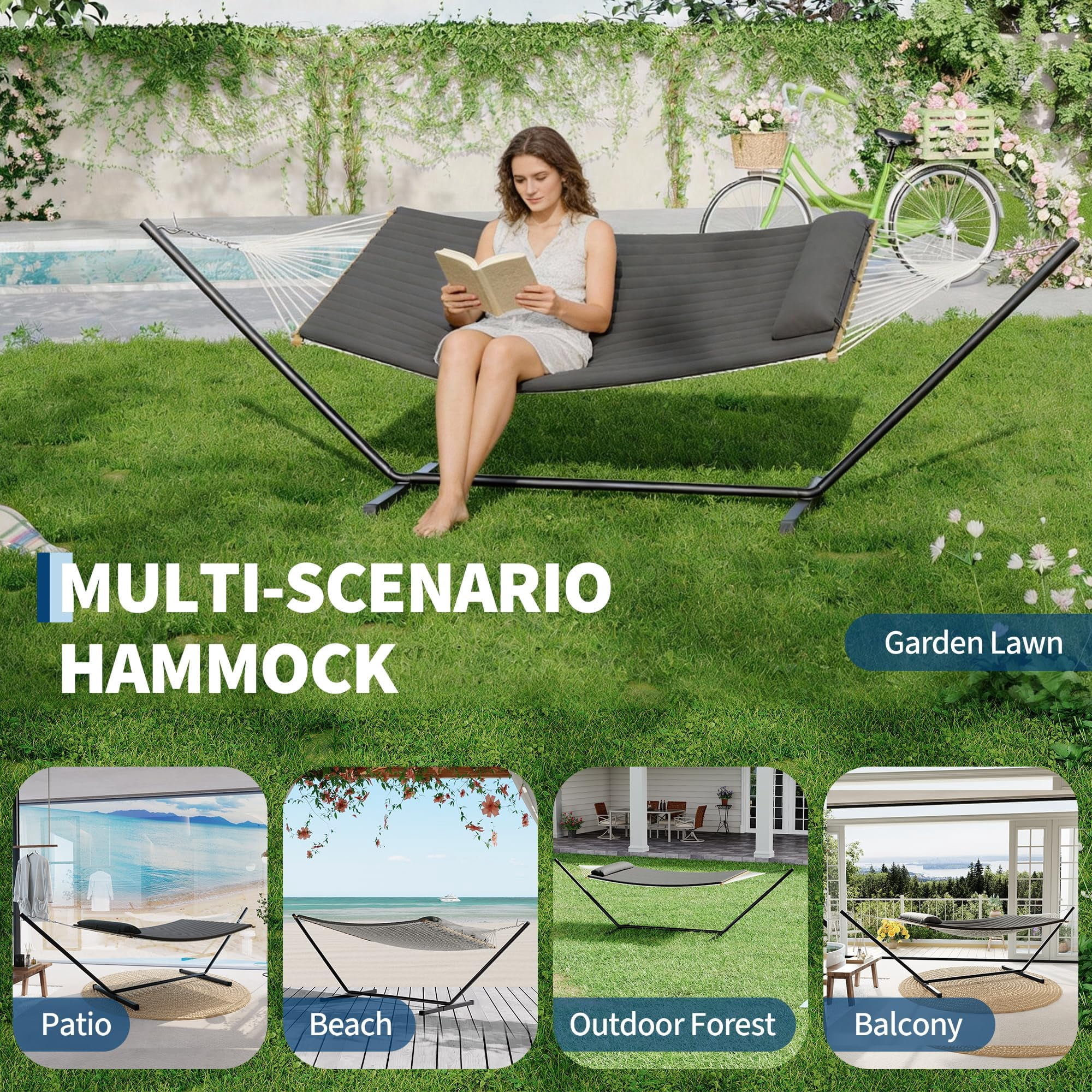 Portable Hammock with Stand & Carry Bag, Heavy Duty 450Lb Capacity, Quilted Polyester & Net Design, for Indoor & Outdoor Use, Dark Gray