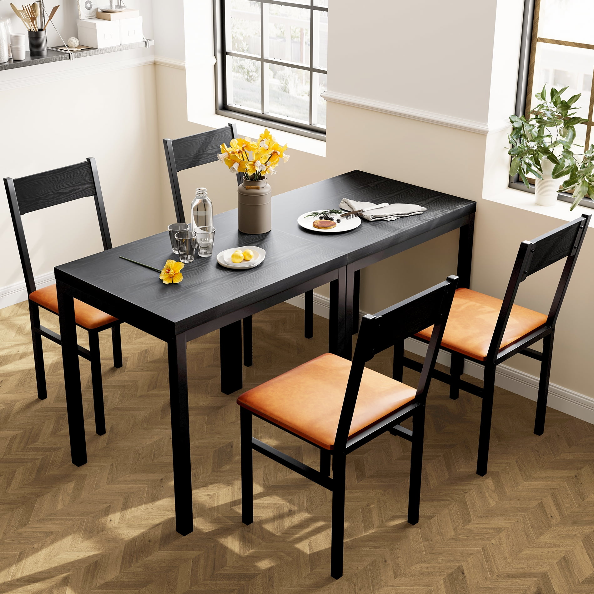 Trinity Glass Black Dining Table Set, 3-Piece Room Kitchen Table and PU Cushion Chair Small Space, Dining Set for 2