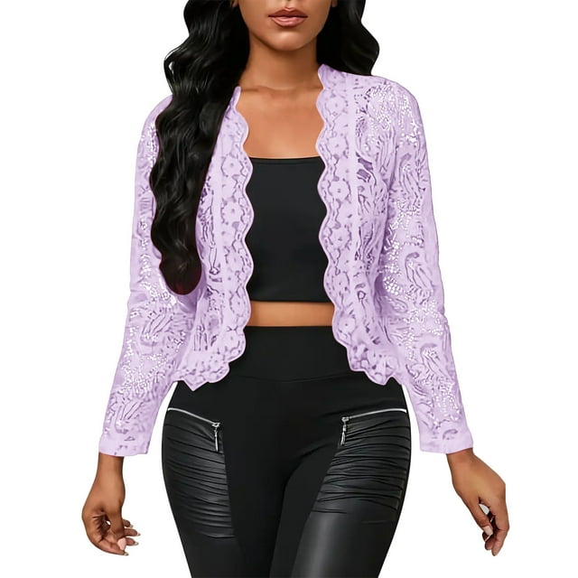 Pincandy Women's Sheer Lace Jacket Blazer Long Sleeve Open Front See Through Jackets