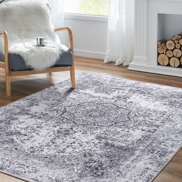 Rugking Area Rug 4x6 Foldable Grey Rug Floral Printed Distressed Carpet Vintage Traditional Indoor Mat for Bedroom Living Room