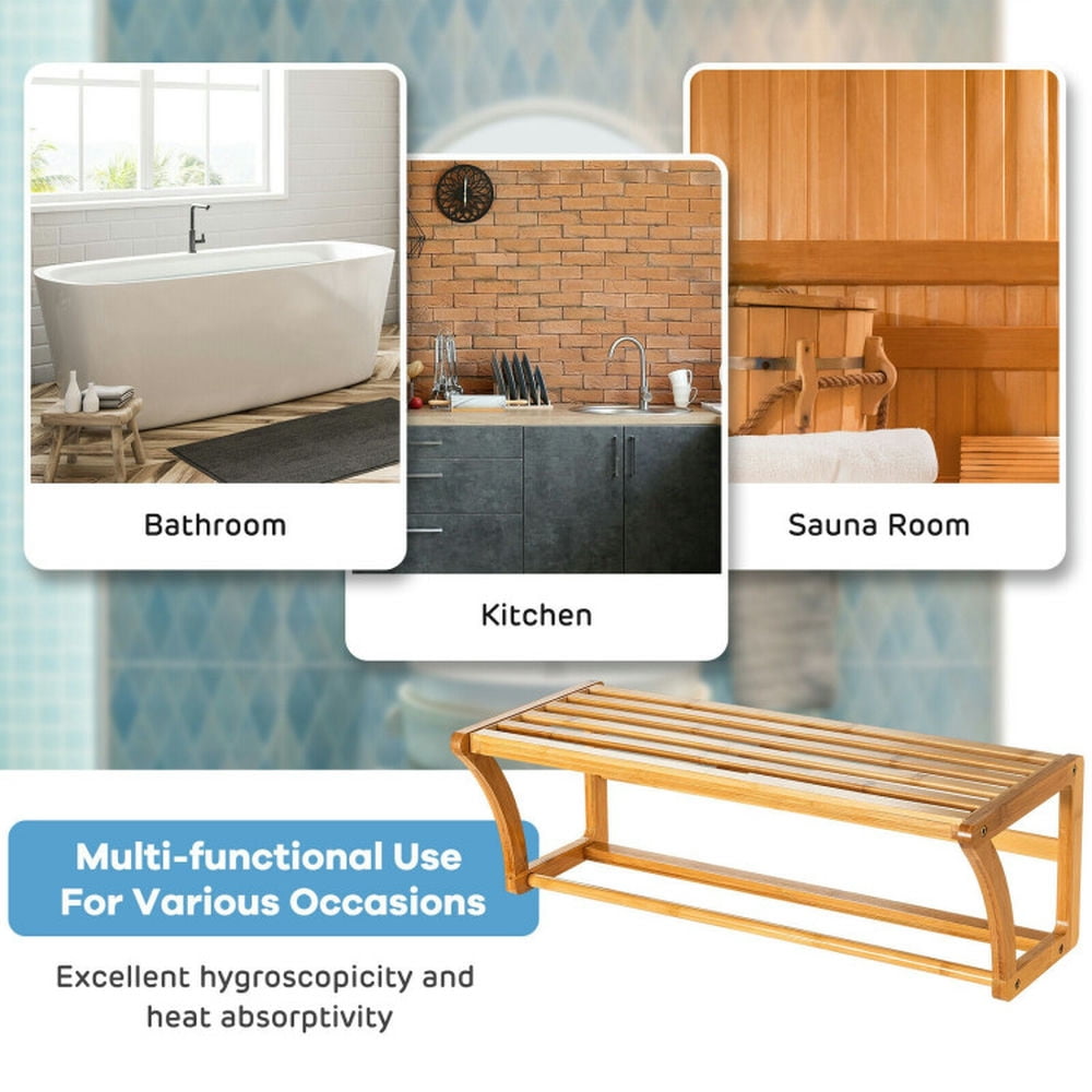 Finihen Wall Mounted Towel Rack, Towel Holder, Bamboo Towel Bar Wall Mounted Storage Towel Rack Bathroom Shelf, for Bathroom, kitchen, Natural