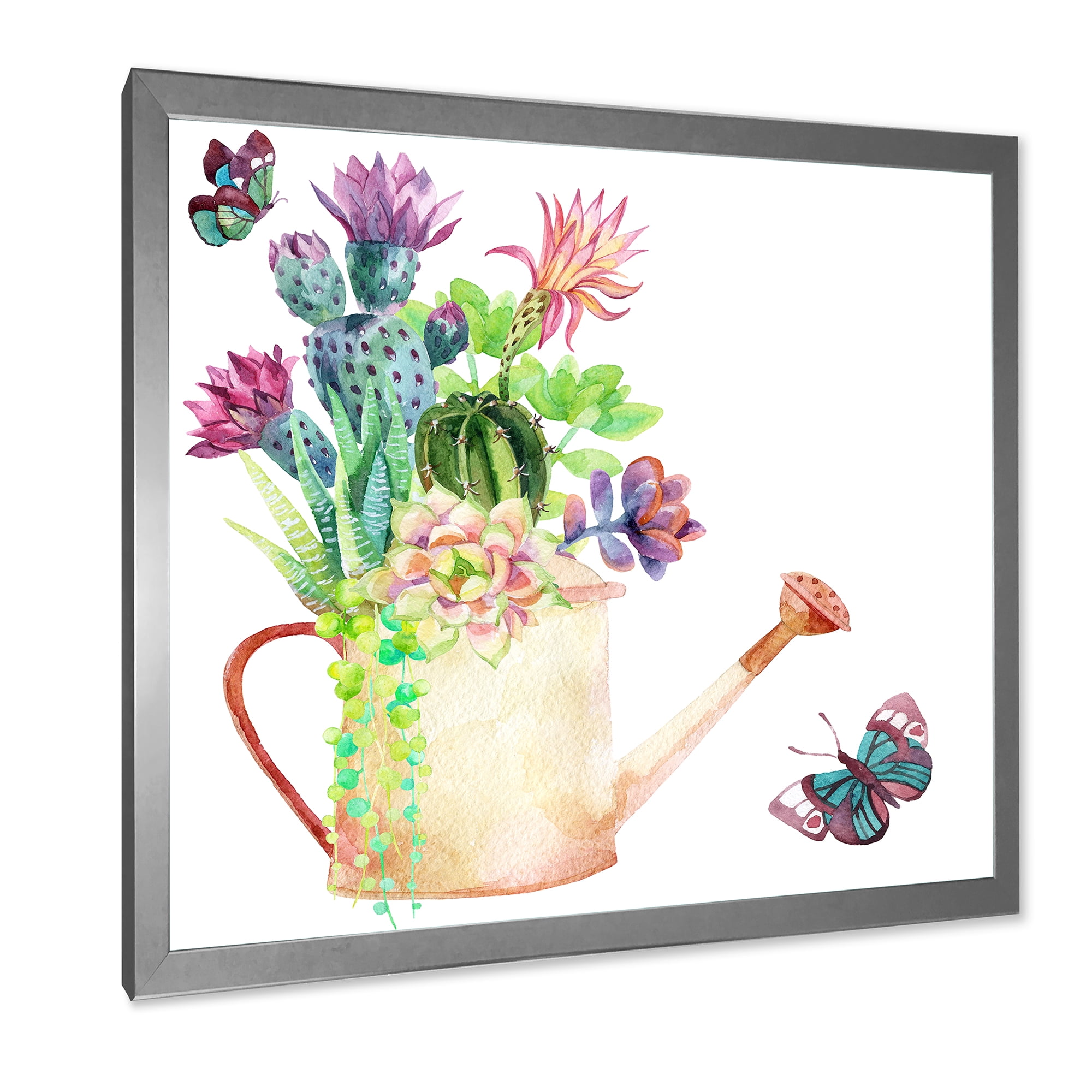 Succulents In Old Watering Can With Butterfly 36 in x 36 in Framed Painting Canvas Art Print, by Designart