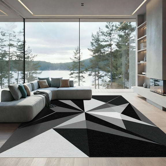 ODIKA 4'x6' Machine Washable Non-Slip Area Rug, Abstract Black High Traffic Rug, Black, 1164904