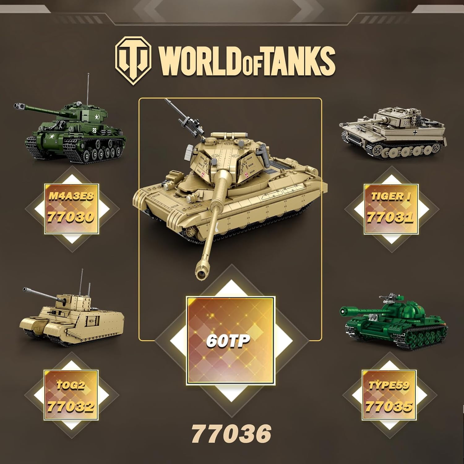 60TP Tank Building Set 77036, World of Tanks Authorized Products 1128 PCS, 1:28 Scale Tank Model Kit, Army Tanks Toy Building Kit for Military Fans, Birthday Gifts Ideal for Adults