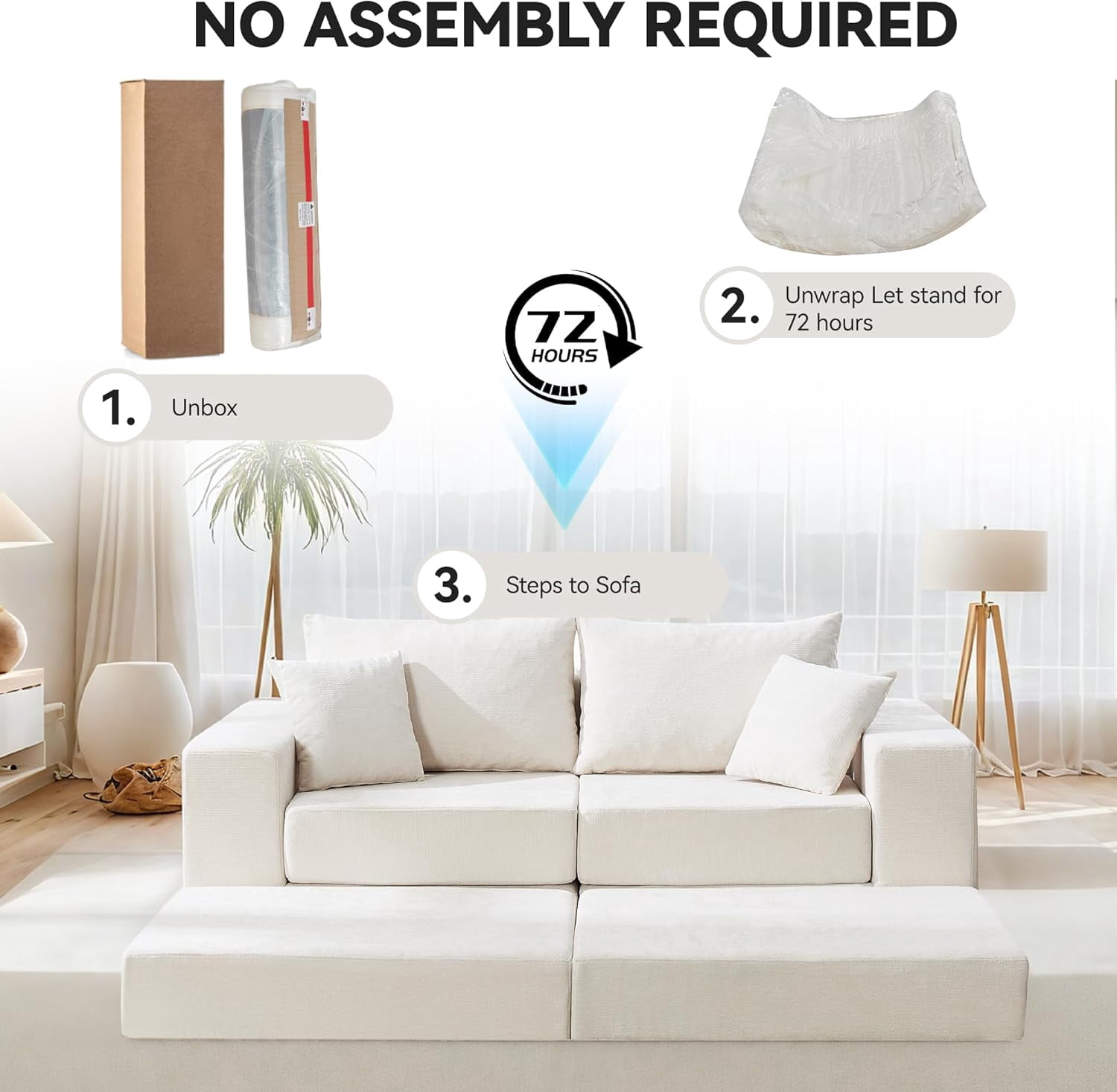 79" Boneless Cloud Loveseat Sofa with Ottoman, Modular Chenille Convertible Floor Couch Bed, No Assembly, Beige