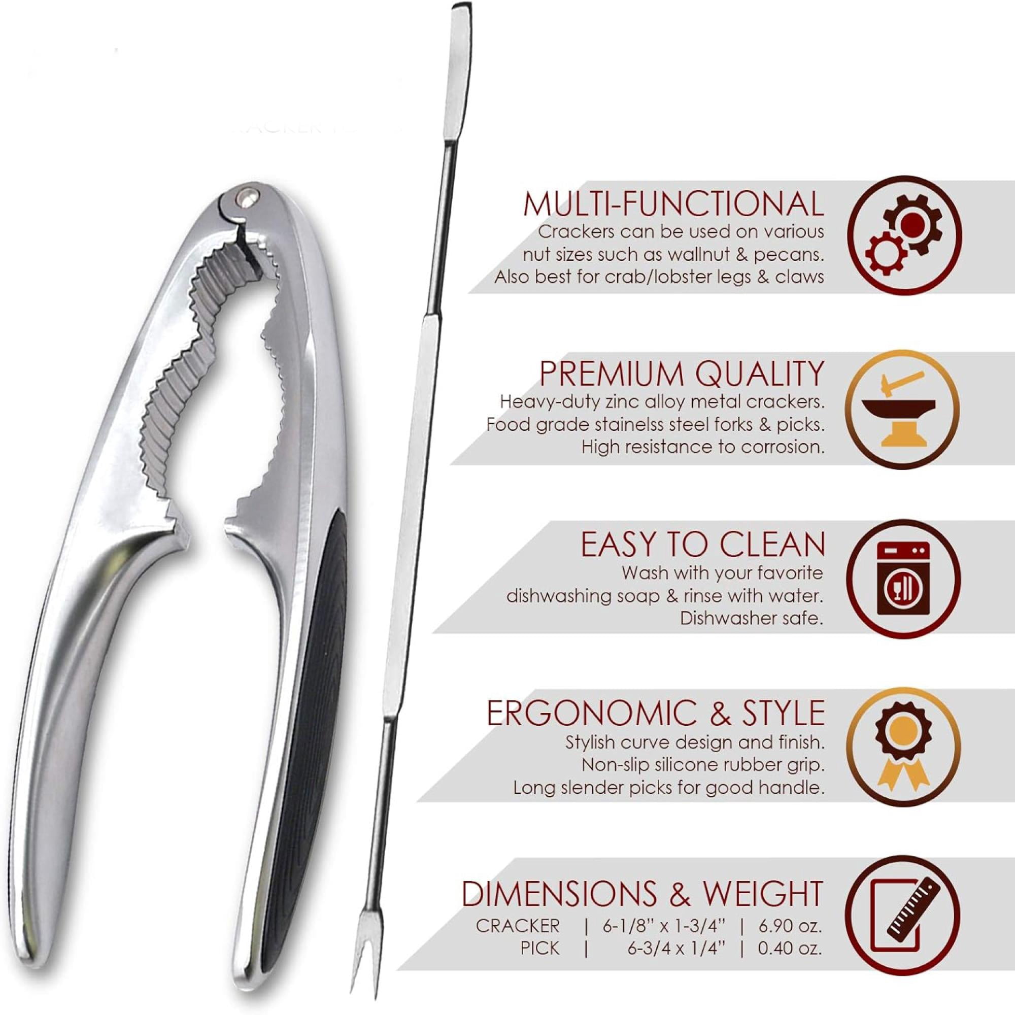 Premium Stainless Steel Lobster & Crab Crackers with Non‑Slip Grip – Includes Picks & Forks for Seafood Shell Cracking, Durable Metal Tools Set (2 Crackers + 6 Picks)