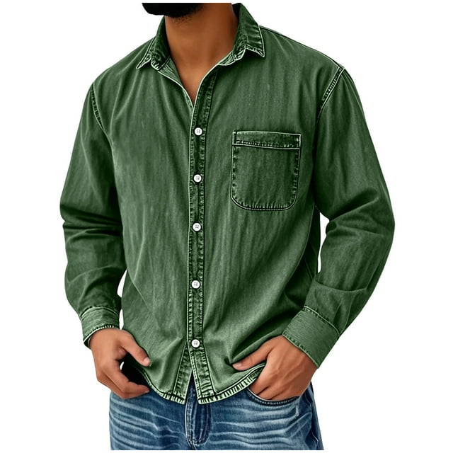 Mens Shirt,Casual Solid Color Long Sleeved Lapel Button Cardigan Washed Denim Jacket,Denim Jacket Men