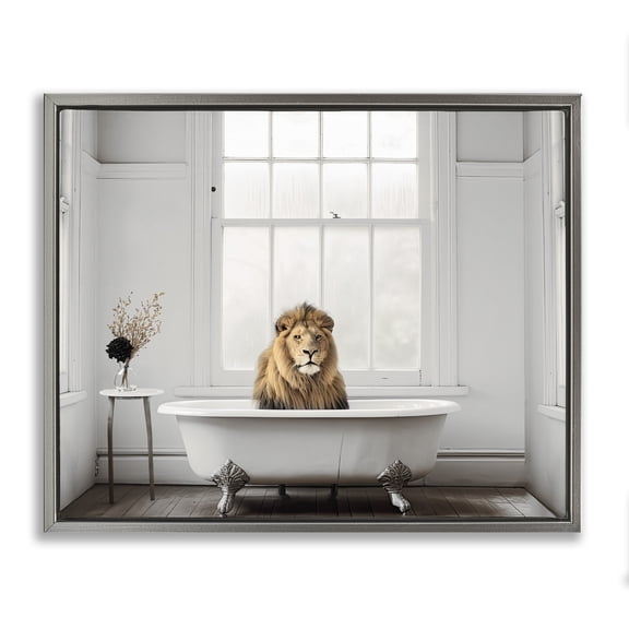 Minimalist Lion Bathtime Gray Framed Floater Canvas Wall Art, design by Sasha