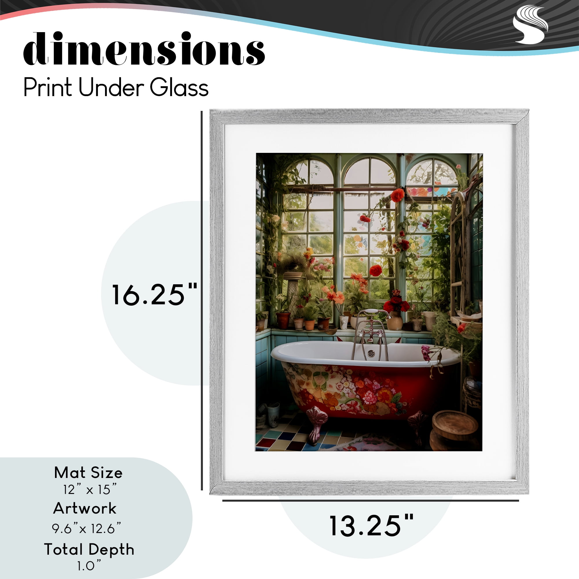 Floral Sunroom Tub Gray Framed Print Under Glass, design by Lettered and Lined