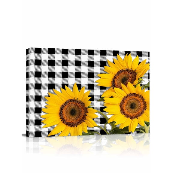 Sunflower Canvas Print Wall Art Countryside Yellow Flower Black And White Check Pictures Painting Morden Artwork for Living Room Bedroom, Ready to Hang - 12"x16"