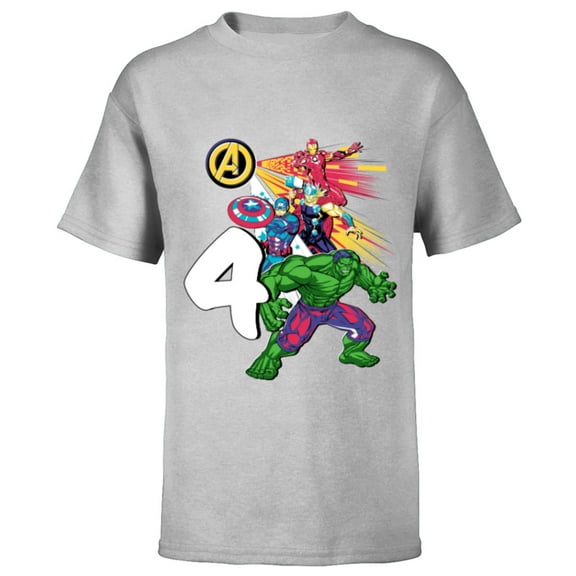 Marvel Super Heroes Avengers 4 Year Old Fourth Birthday - Short Sleeve T-Shirt for Kids - Customized-Athletic Heather