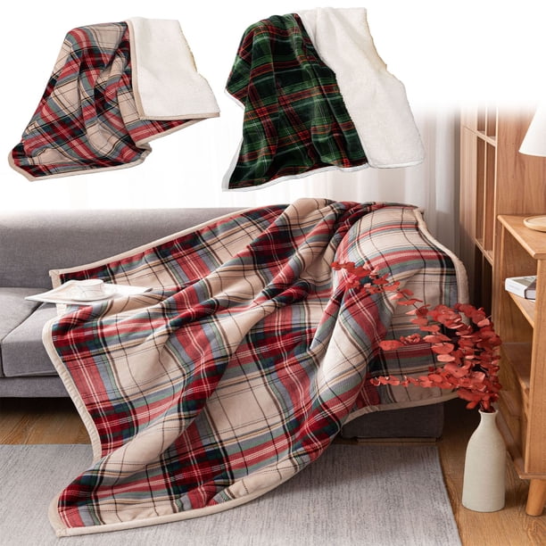 Manta térmica reforzada con forro polar de cordero de doble franela, roja o verde, 50x60 pulgadas, funda de cama de cama a rayas para el calor invernal