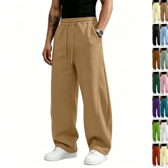 Men's Baggy Sweatpants Casual Drawstring Elastic Waist Wide Leg Athletic Pants Outdoor Lounge Sweat Pants with Pockets Khaki 3XL