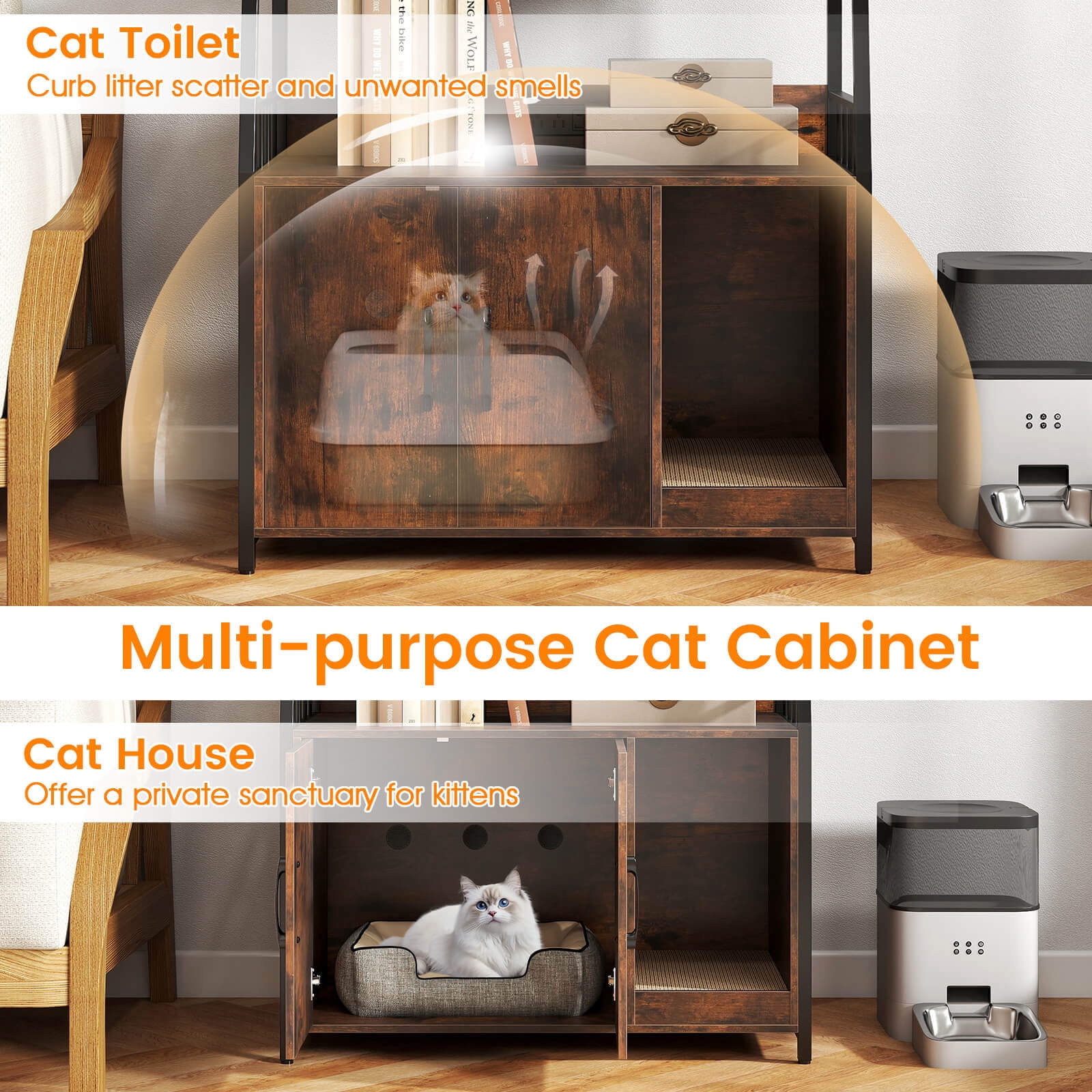 Costway Cat Litter Box Enclosure with Storage Shelves Scratching Pad Charging Station Coffee
