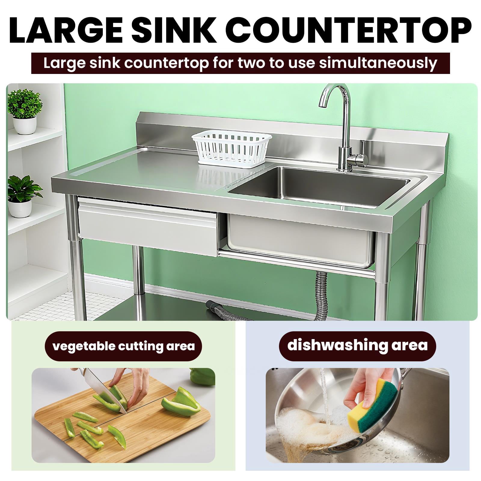 Kitchen Utility Sink, Silver 304 Rust-Proof Design, 360° Swivel Faucet, Hot Cold Water Compatible, Free Standing Single Bowl Sink with Drawer for Farmhouse Commercial Kitchen