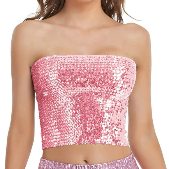 Tank Tops for Women 2025 New Fashion Mardi Holiday Womens Sparkling Sequins Stretch Clubwear Tube Top Womens Tank Tops Pink One Size