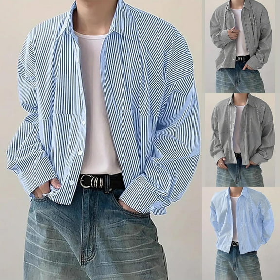 Dagugfen Button down Shirts for Men Long Sleeve Striped Casual Lightweight Vintage Outwear Lapel Tops
