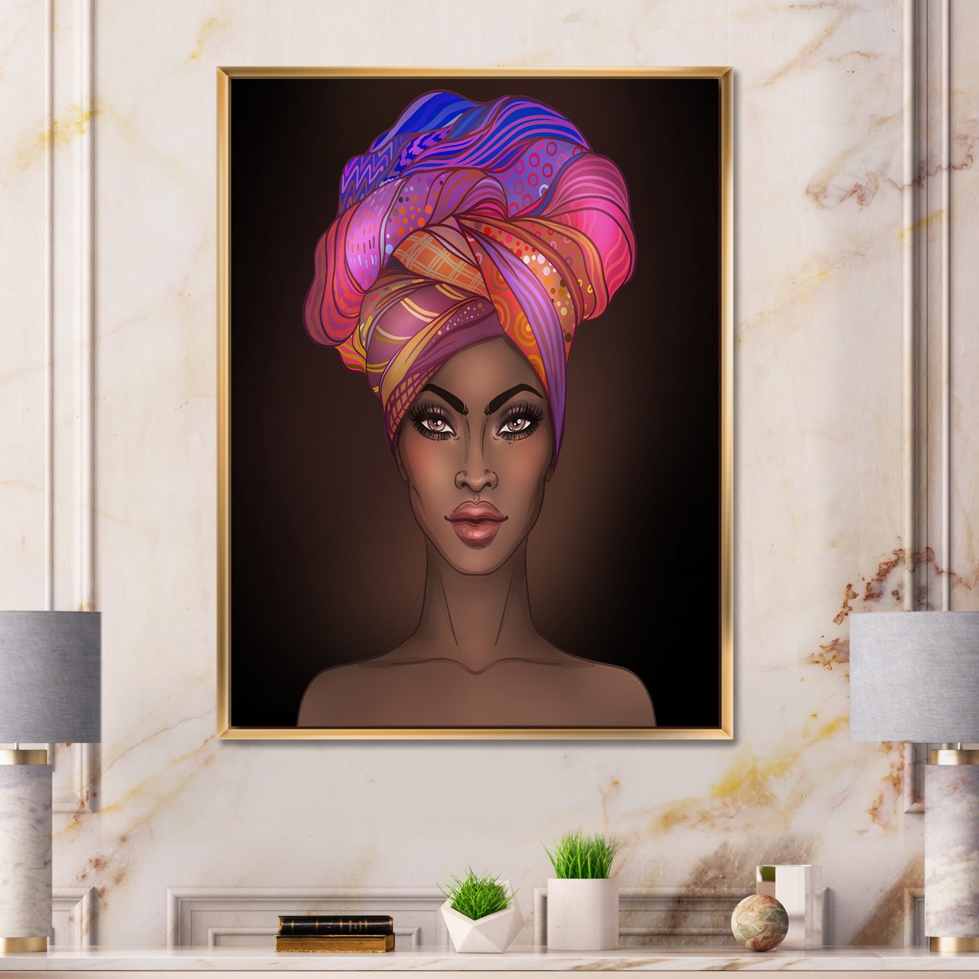 Designart 'African American Woman Portrait with Turban VI' Modern Framed Canvas Wall Art Print