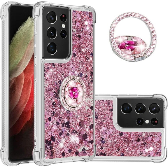 Samsung Galaxy S21 Ultra 5G 6.8" Case,Creativity Clear Quicksand Glitter Flowing Liquid Floating Soft TPU Case w/Stand Bling Diamond Sparkle Phone Cover for Galaxy S21 Ultra Rose Gold