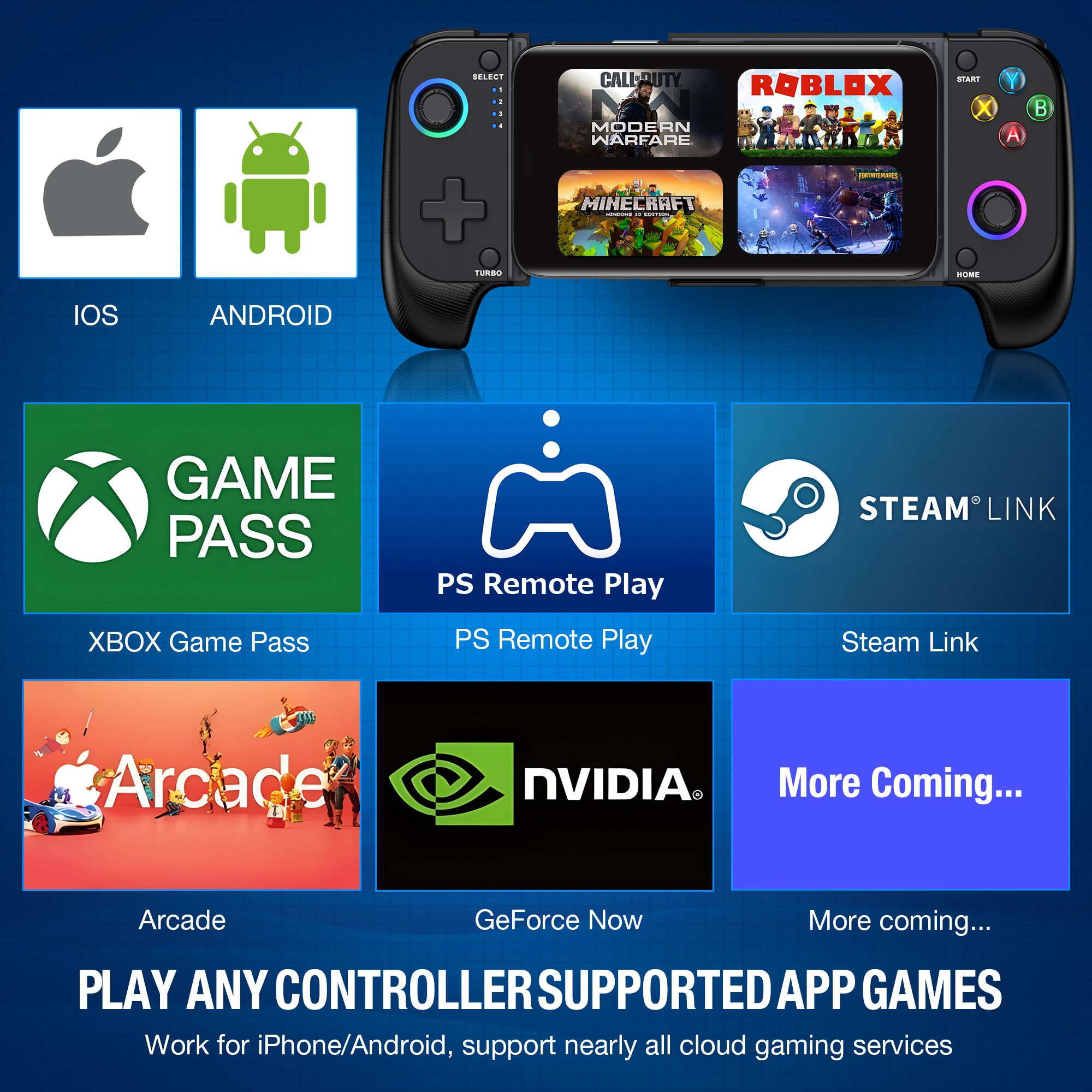 Beboncool Controlador de Juegos Móvil Inalámbrico Extensible para iOS Android, Joystick de Efecto Hall, Luz RGB, Turbo, Doble Vibración, Batería de 8H 2