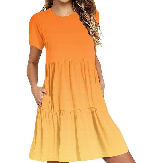 Hyknon Robes pour Femmes Mode Été Décontracté Manches Courtes Robe T-Shirt à Étages Mini Robes avec Poches Décontracté Doux Fluide Ample Robes