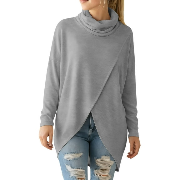 Lenpel Tunic Tops for Women Long Sleeve Turtleneck Cowl Neck Split Front Asymmetrical Hem T-Shirts Loose Casual Tee Blouses(Gray,X-Large)